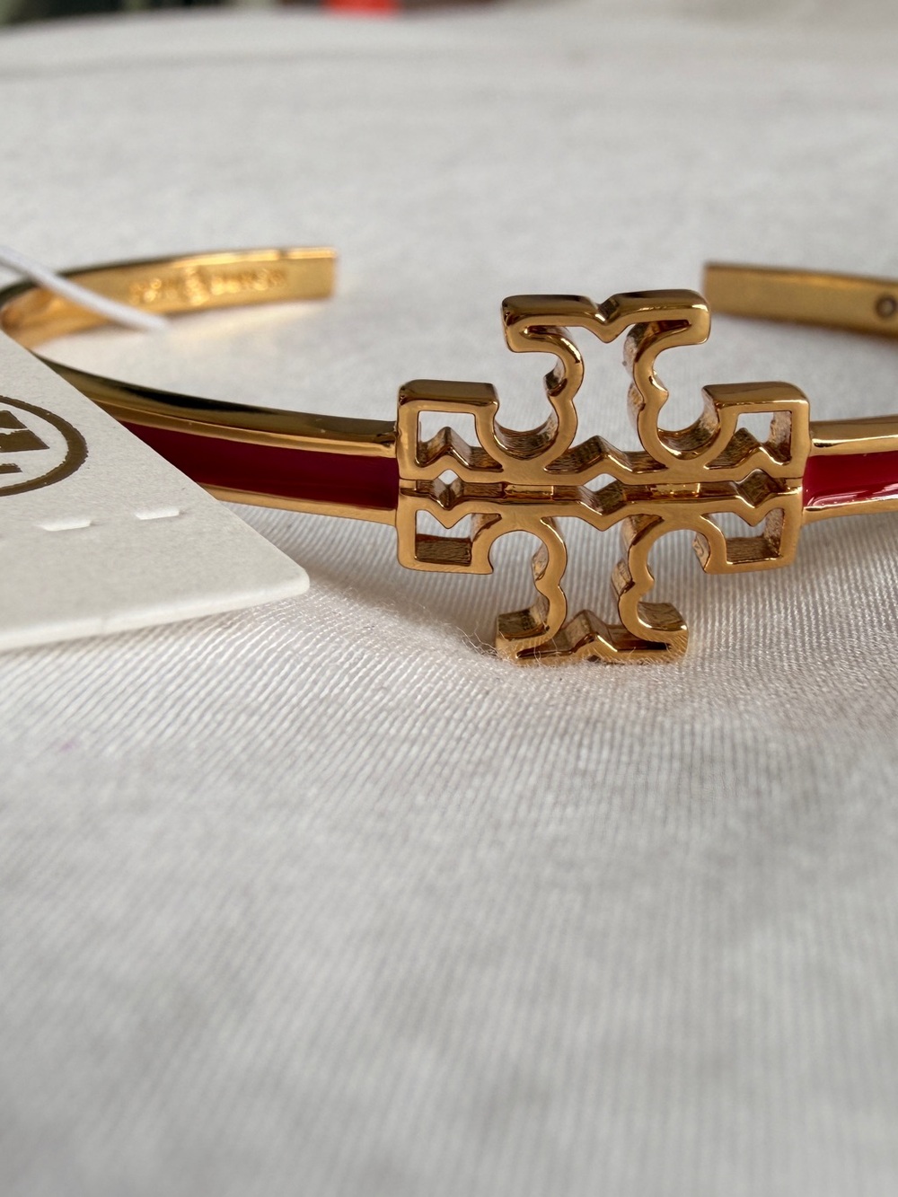 Tory Burch Gold-Tone Bracelet with Red Enamel Logo